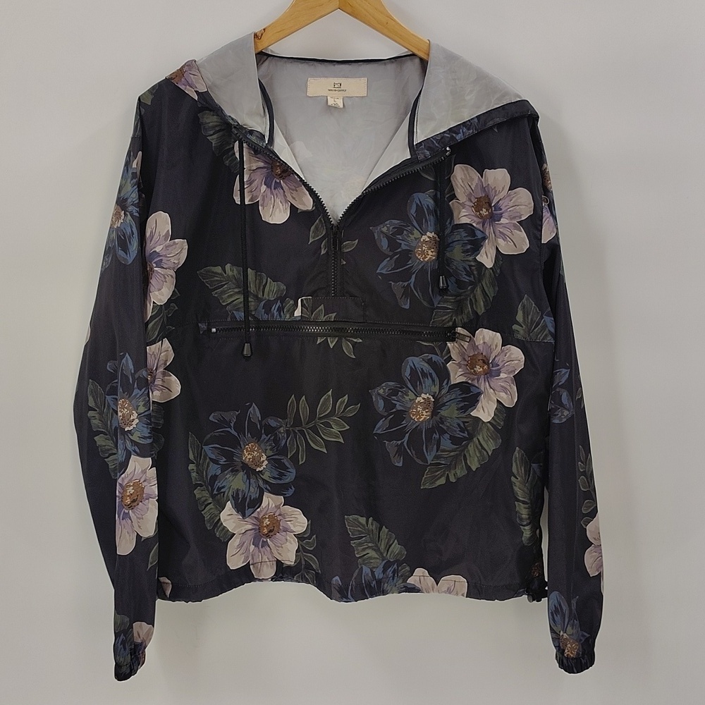 Thread & Supply Hooded Pullover Lightweight Jacket Half Zip Dark Floral Size M
